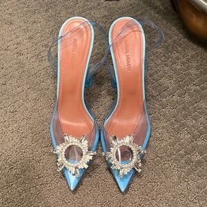 Amina Muaddi Sky Blue Pointed Slingback Heels with Crystal Sunburst